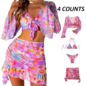 New Summer Women's 4-Piece Fashion Print Bikini Set, Beach Skirt Vacation Swimwear