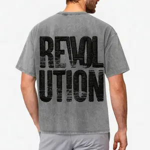 Retro Acid Wash REVOLUTION Faded Text Back Print Men Loose Short Sleeve T-Shirt Streetwear Casual Summer Top