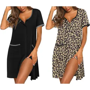 Nightgowns for Women 2 Pack Button Down Sleep Shirts Short Sleeve Nightshirt Sleepwear House Dress with Pockets
