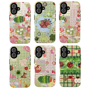 Adorable Green Checkered Durable Phone Case – Patchwork Caterpillar, Ladybug, and Strawberry Aesthetic Protective Case, Compatible with iPhone 17, 16, 15, 14, 13, 12, 11 Pro Max and Galaxy S25, S24, S23, S22, S21