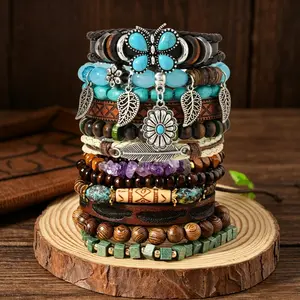 12Pcs Vintage Cactus Flower Leaf Bracelets - Wood Beads Multi-Layer Wood Bead Suitable for Men & Women, Daily Wear, Holiday Gifts, Year-Round