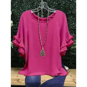 [Plus Size] Fringe Trim Ruffle Layered Sleeve Tee, Casual Short Sleeve Round Neck T-shirt for Summer, Summer Tops, Women's Plus Clothing for Daily Wear, 2000s Clothing, Womenswear