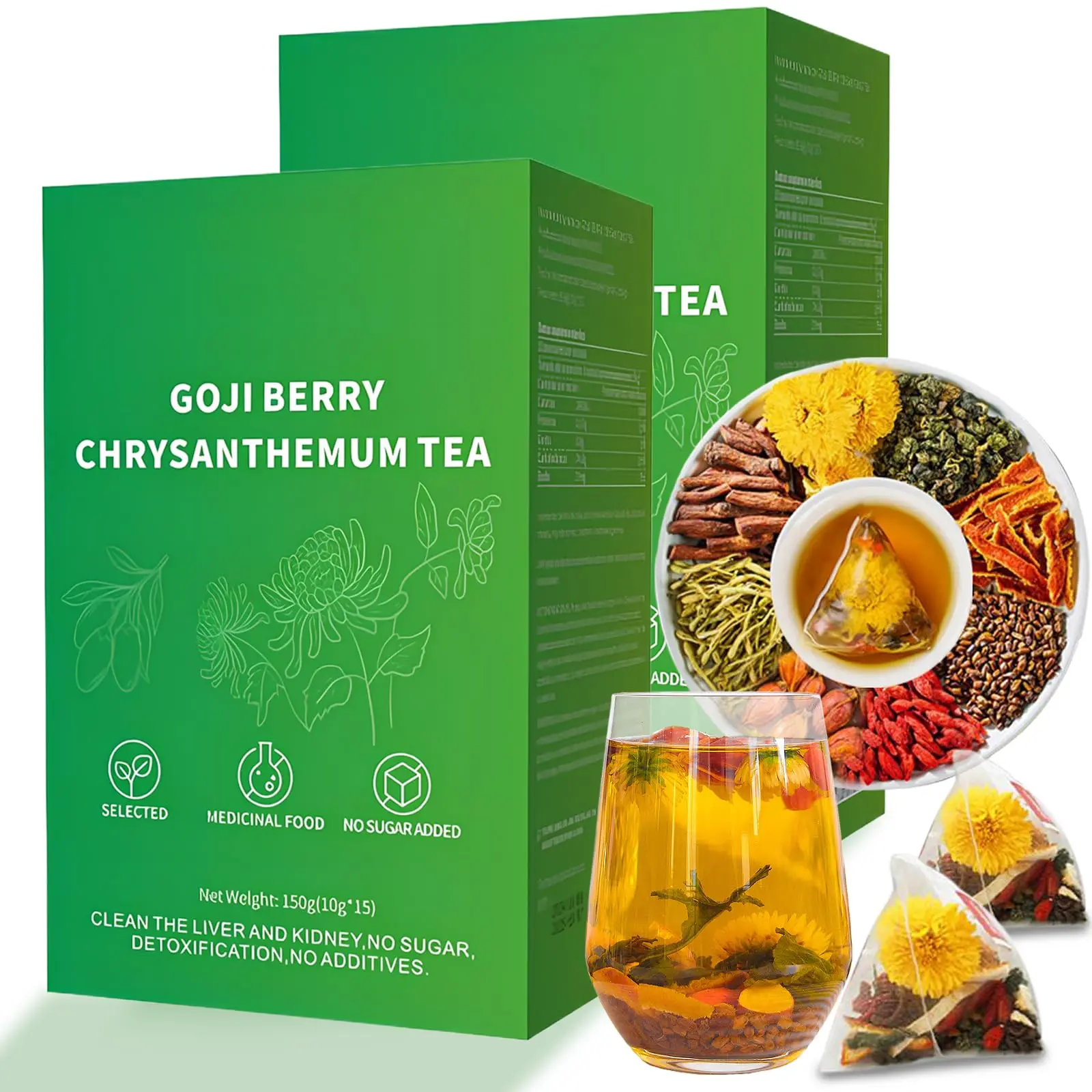 GOJI BERRY CHRYSANTHEMUM TEA FOR LIVER HEALTH, 8 EXCELLENT RAW MATERIAL FORMULAS, CHINESE HEALTH HERBAL TEA, LIVER CLEANSE & DETOX HERBAL TEA BAGS, 15BAG, VEGAN, SUGAR-FREE & CAFFEINE-FREE (2BOX(30BAGS)) Beverage