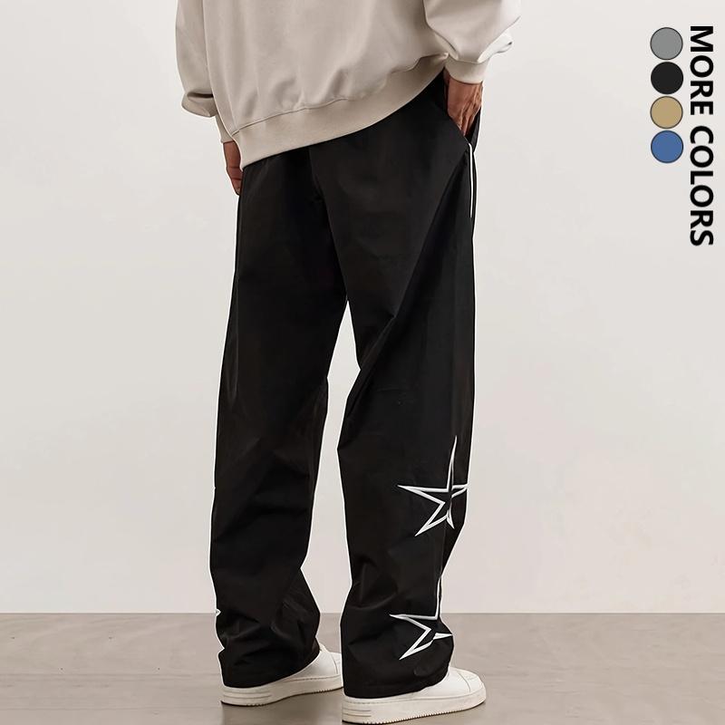 Men's Fashion Casual Pants, Street Retro Star Embroidered Straight-Leg Pants, Polyester Fabric, All-Season Versatile Trendy Hip-Hop Track Pants