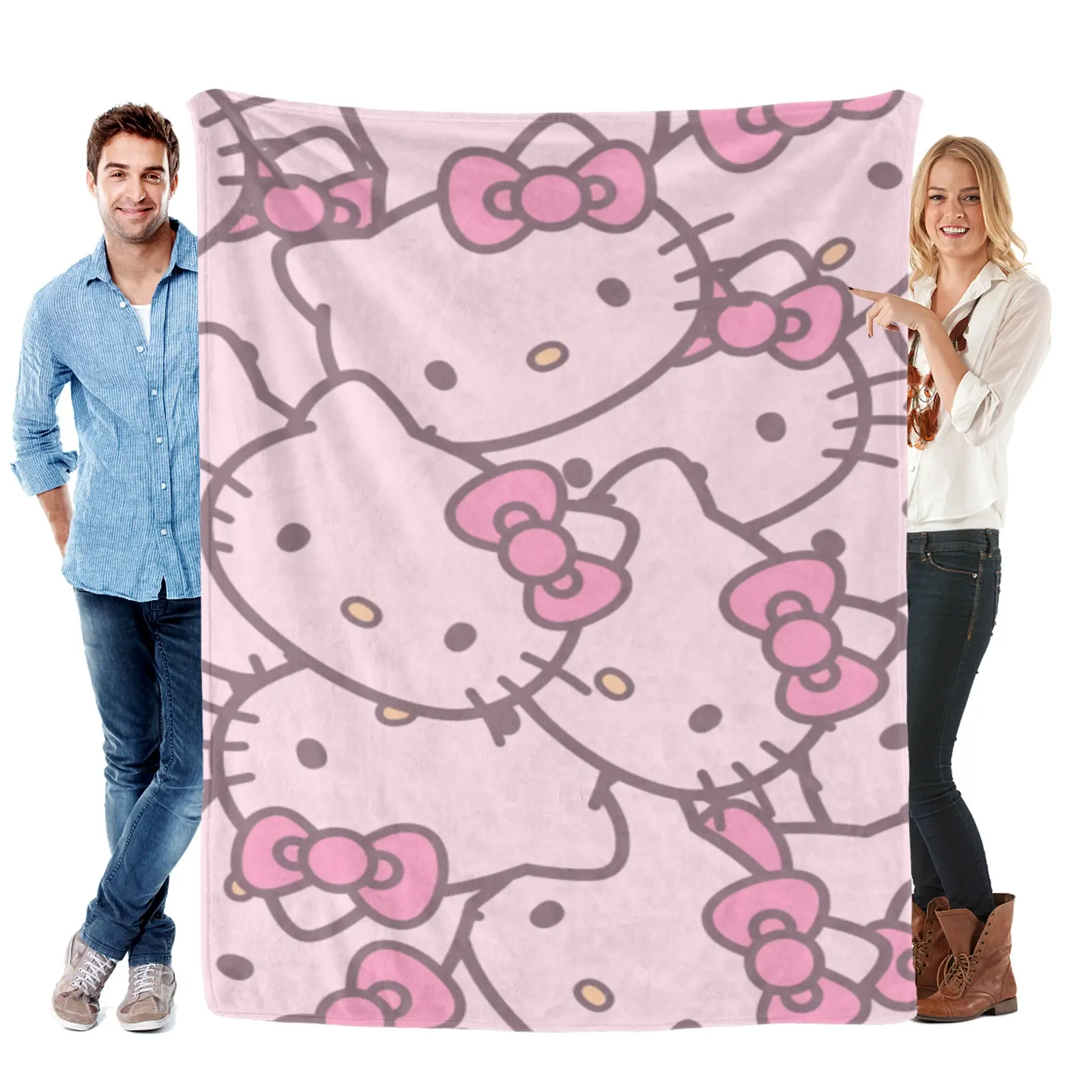 Sanrio Light Pink Outline Hello Kitty Blanket, Soft Fleece Minimalist Kawaii Throw Blanket, For Teen Girls Bedroom Decor