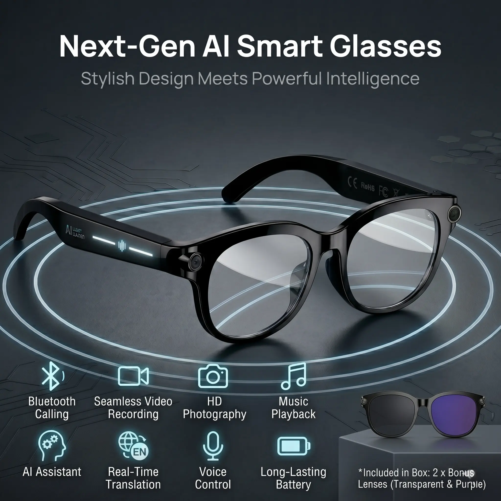 AI Smart Glasses with 8MP HD POV Camera, Real-Time Translation ,AI asistance, Bluetooth Audio – Hands-Free Video Recording Sunglasses for Vlog, Travel & Sports,Best gift for men,women