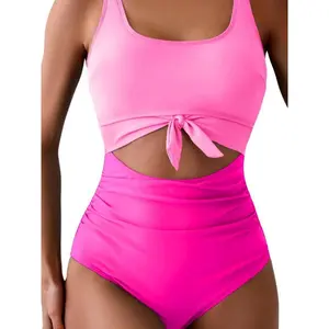 Solid Color Hollow-Out Tight-Fitting Quick-Dry One-Piece Swimsuit for Women with Underwire Chlorofiber Spandex Lining 2455 Pink with Rose Red S-XXL