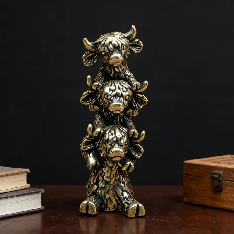 Brass Stacked Bull Sculpture, Decorative Sculptures, Three Cute Bulls, Vintage Texture, Detailed Fur, Nordic Home Decor, Living Room, Study, Entryway Desk Ornament, Statue Figurines
