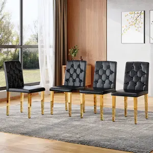 4-Pack Ergonomic Dining Chairs, Black PU Upholstered with Golden Metal Legs, 35" High Buckle Backrest, Suitable for Home & Commercial Use