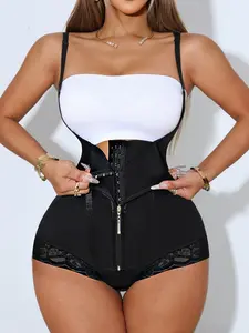 Elegant One-Piece Bodycon Bodysuit, High-Waisted Shaping Leggings, Front Zipper & Button Closure, Lace Trim, Tummy Control, Shapewear