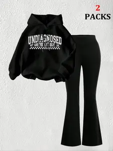 【FREE PERSOMALITY】Women's Warm Sweatshirt Set + Slim Fit Flare Pants, Casual Butterfly Print, Kangaroo Pocket, Fall & Winter, Womenswear