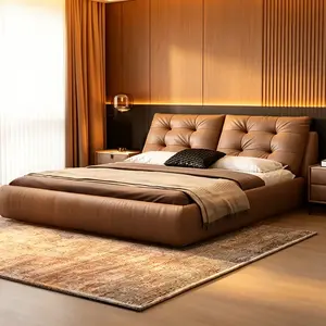 Queen Size Bed Frame, Modern Upholstered Platform Bed with LED Lights & Side Pockets, High Wingback Headboard LED Bed
