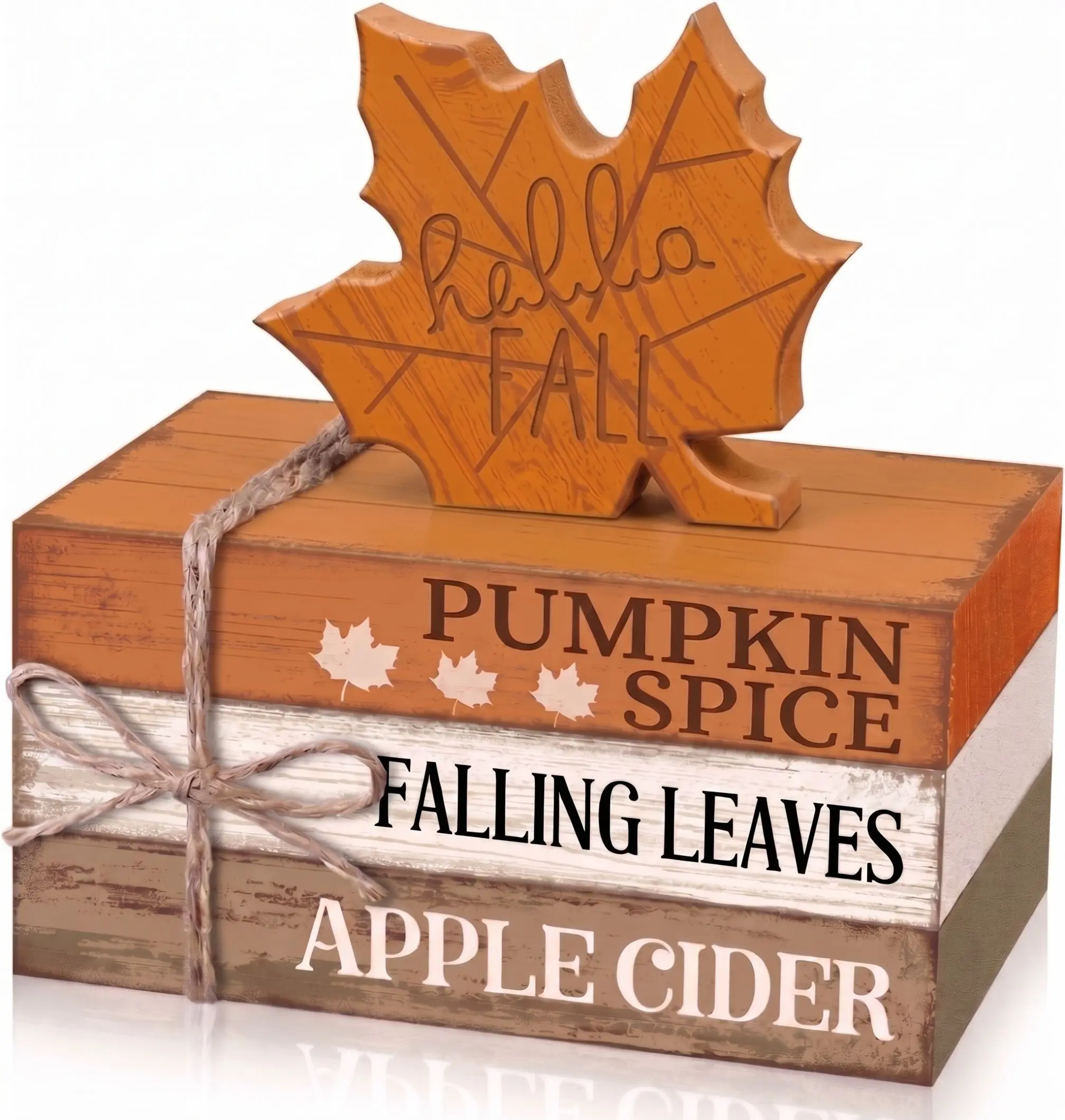 Set of 4 autumn desktop decorations: “Hello Autumn” retro tiered tray ornament, wooden maple leaf stacked book–style sign, suitable for fall harvest parties and Thanksgiving tabletop center decor for the home kitchen.