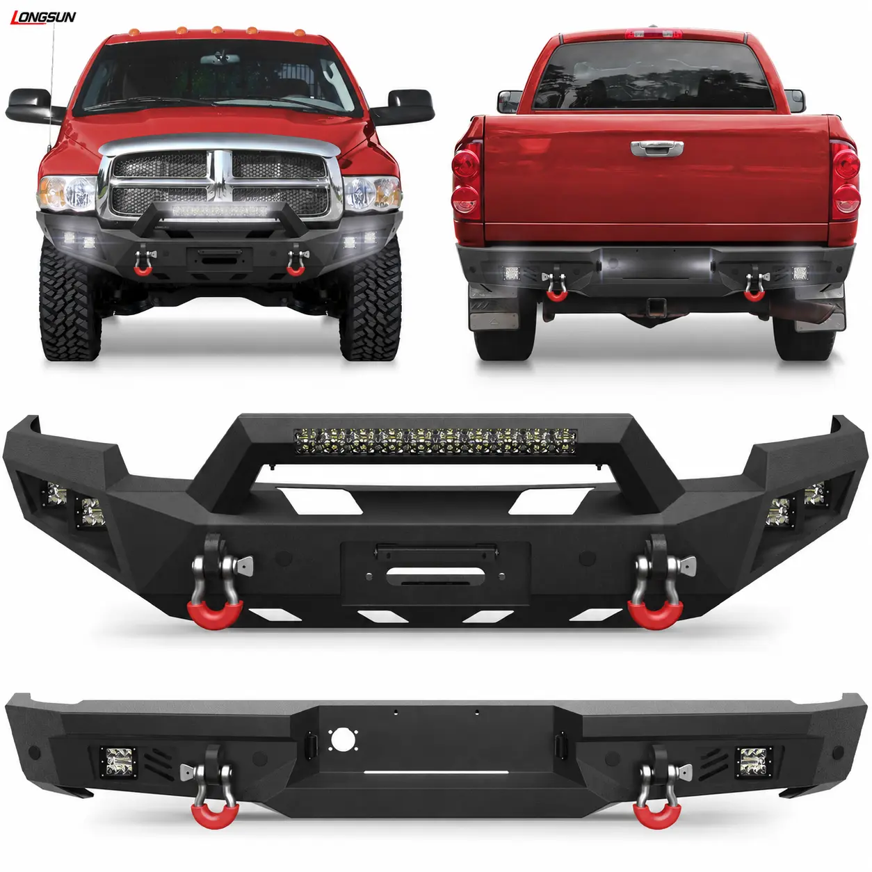 Longsun Front Bumper Set for 2003-2005 Dodge Ram 2500/3500 Gas Pickup Trucks, Includes Winch Plate, LED Lights, D-Rings, License Plate Bracket (Excludes Light Bars)