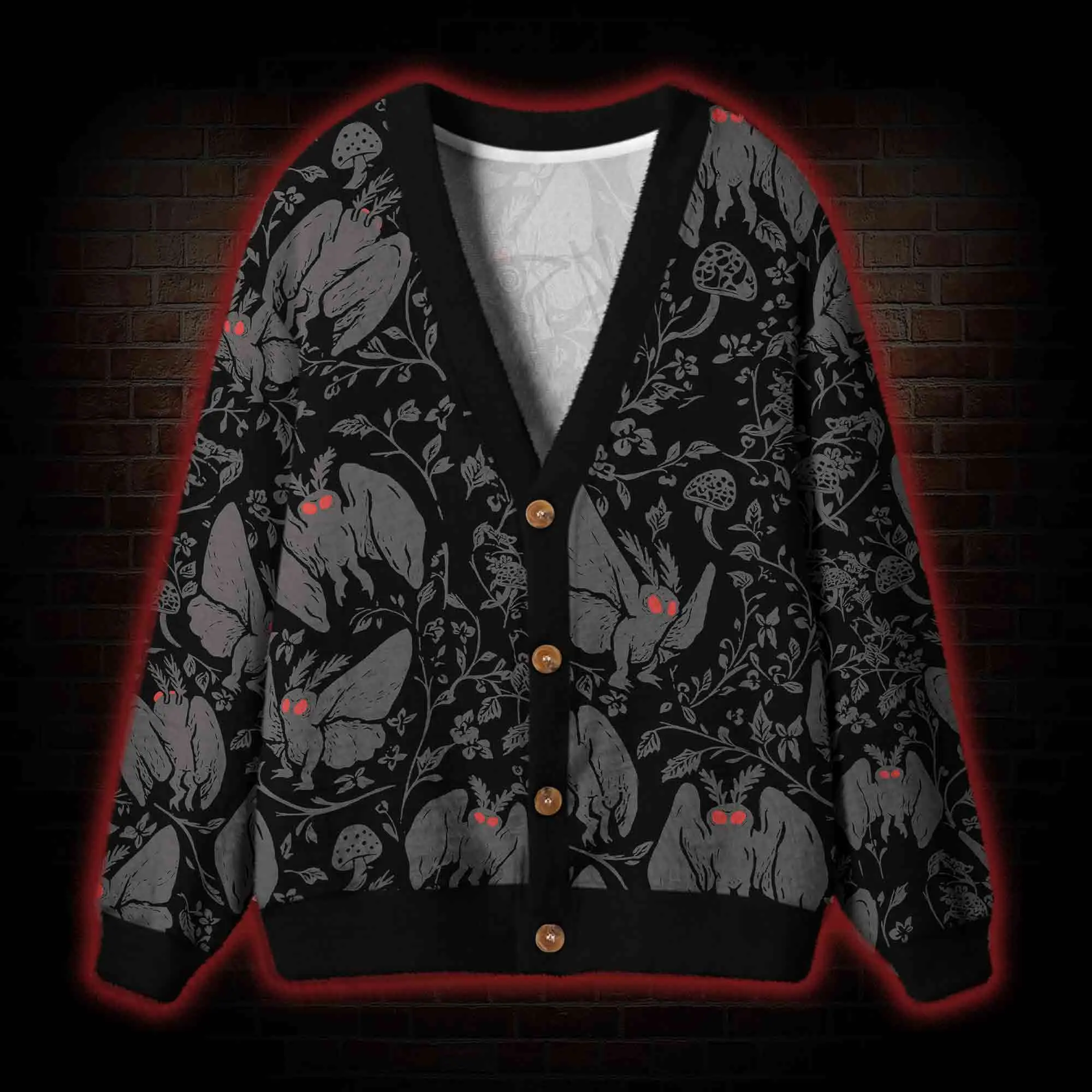 Mothman Mushroom Forest Cardigan, Spooky Season Cryptid Graphic V-Neck Button Down Top, Alternative Grunge Streetwear Outerwear