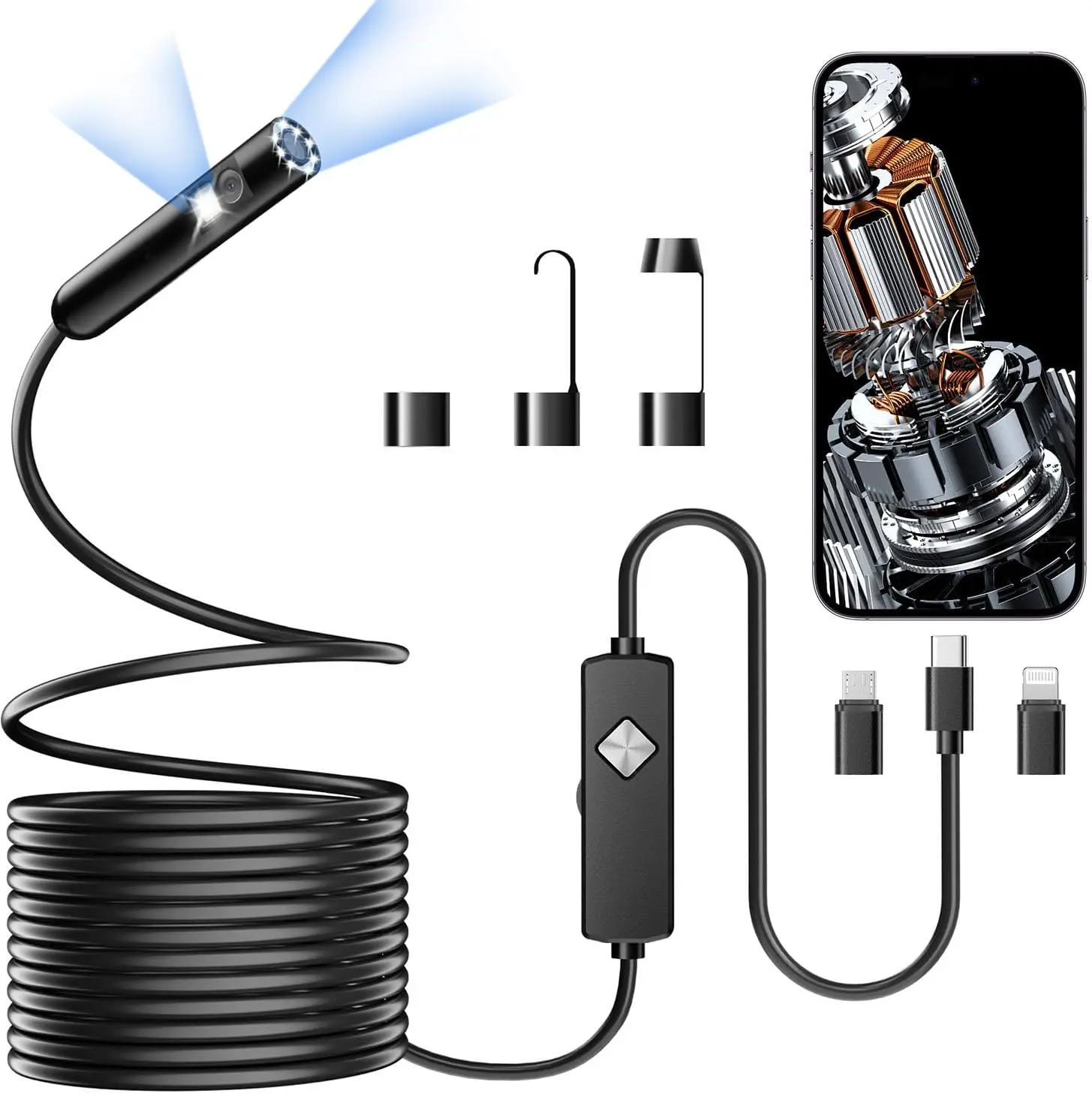 High-Portable Dual-Lens Endoscope with Light, 1080P HD Borescope, 8 Adjustable LED Lights, Semi-Rigid Snake Camera, IP67 Waterproof Inspection Tool for iPhone & Android - 9.8FT Black Single Lens
