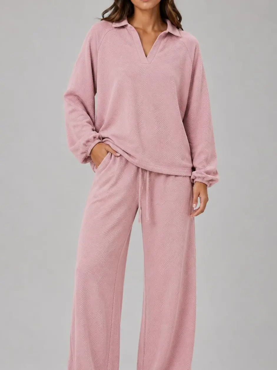 Women's Ribbed Collared Wide-Leg Lounge Set – Women’s Oversized Two Piece Knit Matching Travel Outfit