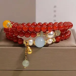 Retro Ethnic Style Natural Red Agate Multi-layer Bracelet Female Pearl Sea Blue Treasure Gourd Pendant Exquisite  Versatile Bracelet New Year Good Luck