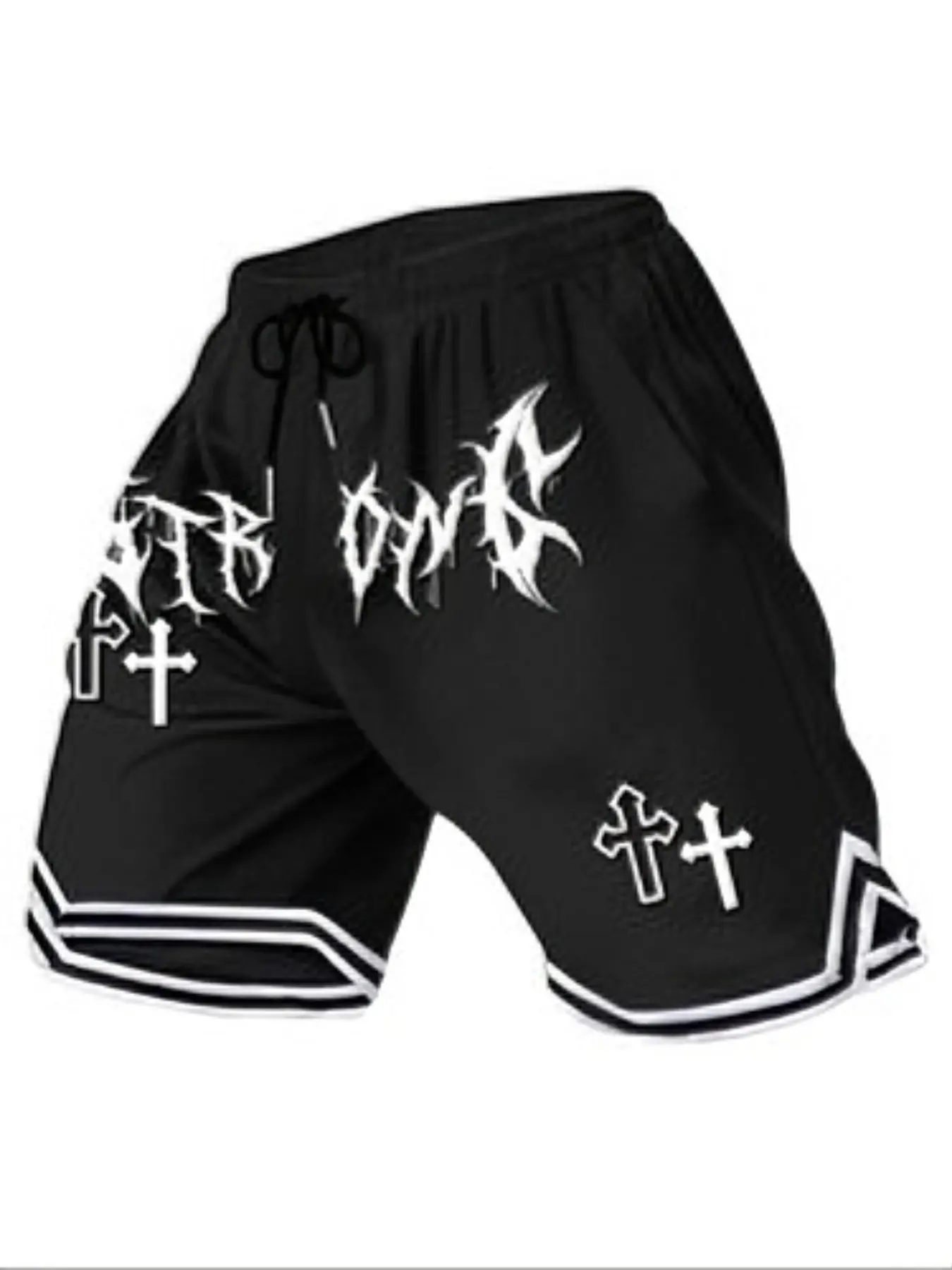 Men's Thash Inspired Fitted Fashion Shorts, Gothic Punk Letter & Cross Graphic, Elastic Waist, Casual Streetwear for Skateboarding & Daily Wear, Letter Print Shorts