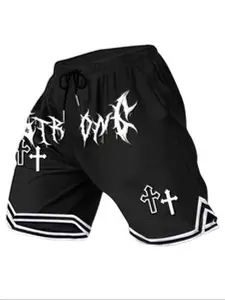 Men's Thash Inspired Fitted Fashion Shorts, Gothic Punk Letter & Cross Graphic, Elastic Waist, Casual Streetwear for Skateboarding & Daily Wear, Letter Print Shorts