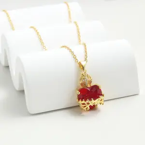 European American Red Heart Cubic Zirconia Cross Pendant Necklace, Sacred Heart Design, Copper Gold Plated Love Heart Choker for Women Party Jewelry