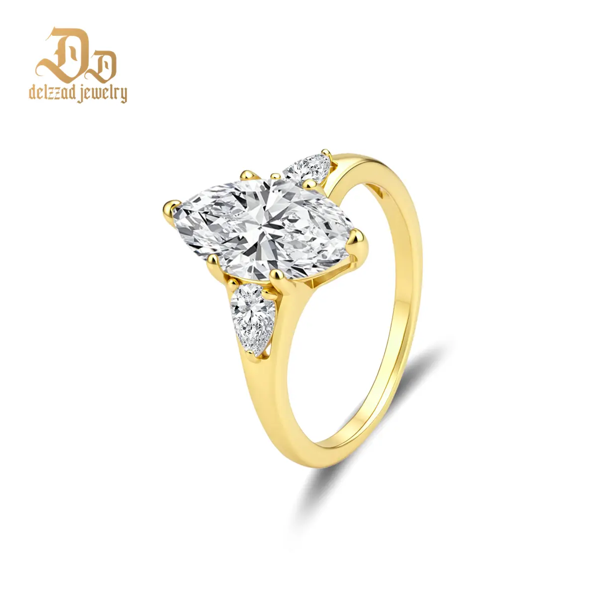 Delzzad S925 3.7ct Ice Prism Ring Dutch Marquise Cut Ring Three Stone Engagement Ring VVS Synthetic Moissanite Ring Jewelry Perfect Birthday Engagement Wedding Anniversary Christmas Gift