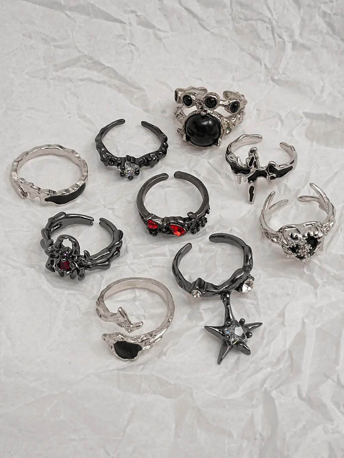 9 Pcs Punk Gothic Spider Star Rings, Punk Style Ring, Unisex Fashion Jewelry, Fashionable Jewelry, Unique Minimalist Design, Perfect Valentine's Day Gift, Trendy Accessories