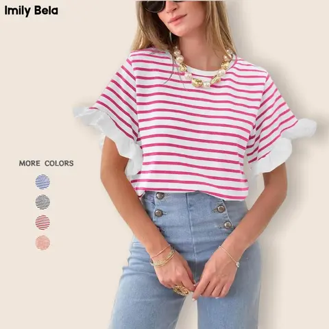 Imily Bela Women Striped Tops Ruffle Sleeve Casual Basic T Shirts Crewneck Short Sleeve Shirt Summer Outfit