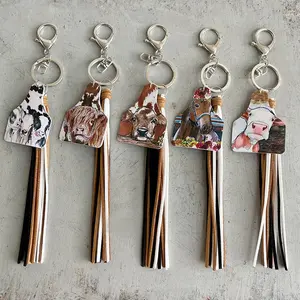 Handmade Popular Jewelry Western Farm Style Leather Keychain Cow Horse Deer Cow Brand Leather Tassels