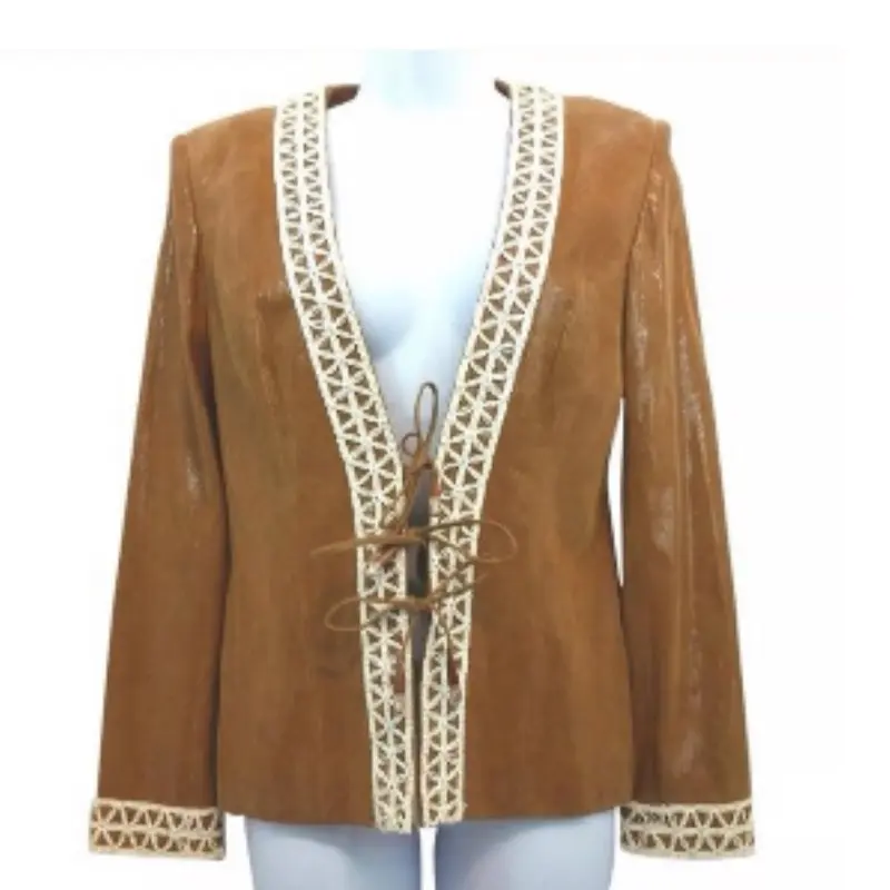 St. John Couture Brown Suede Leather Jacket size 2 with Adjustable Tie, Long Sleeves, and Decorative Trim