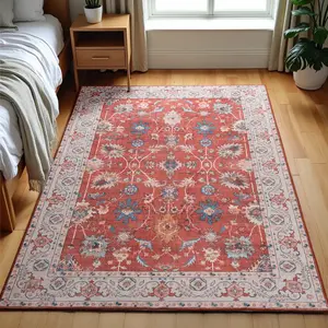Red 0.3 In Low Pile & Non-Slip Indoor Floor Area Rug,Beige Washable Vintage Faux Wool Throw Bedroom Carpet For Home Office, Kids Room, Bedside, 4x6, 5x7, 6x9, 8x10, 9x12 Feet