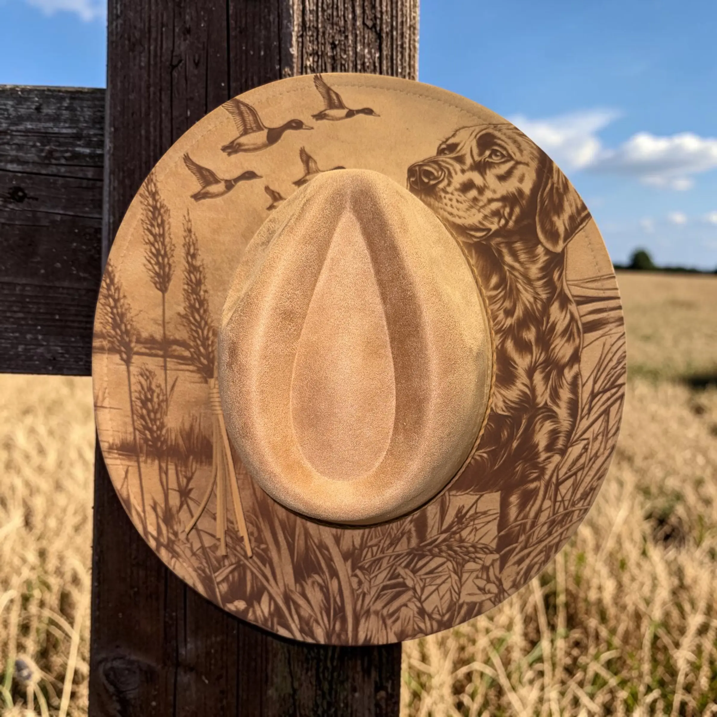 Engraved Cowboy Hat with Bird Dog & Ducks | Hunting Dog Western Hat | Rustic Gun Dog Hat | Adjustable Fit