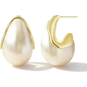 BloomWish S Big Large Pearl Earrings Pearl Drop Earrings for Women Teardrop Bridal Wedding Earring Chunky Gold Earring Vintage Wedding Jewelry Accessories Trendy Jewelry Gifts