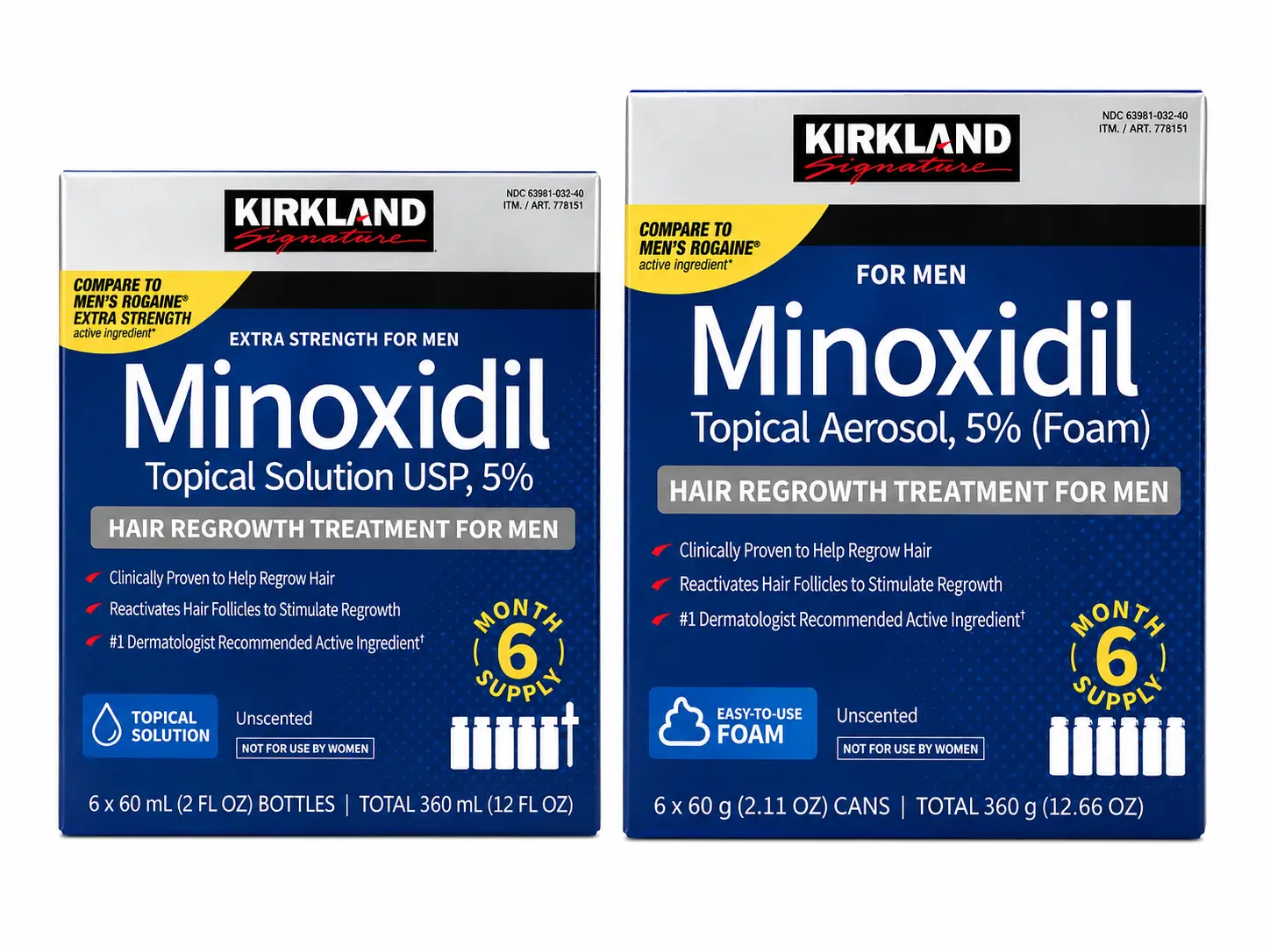 Kirkland Signature Minoxidil 5% Hair Regrowth Treatment for Men, 6-Month Supply, Unscented Foam or Topical Solution