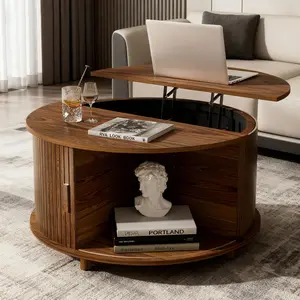 Final Sale (No Returns/Exchanges) - Round Lift Top Coffee Table with Storage, Mid-Century Modern 180° Sliding Tambour Door, Walnut Small Circle Wood Fluted Living Room Table