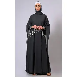 2 Pc Cape style Embroidered Grey Abaya with Scalloped Edges