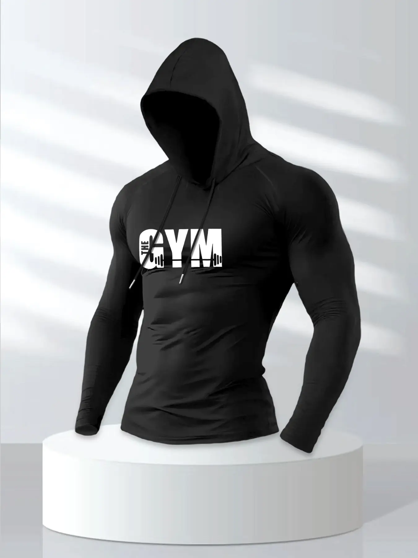 Men's Casual Sport Long Sleeve T-Shirt, Hooded Letter Dumbbell Print, Outdoor Fitness and Streetwear, Gym Shirt, Lightweight Breathable Fabric, Gym Athletic Clothes, Breathable Workout Tops