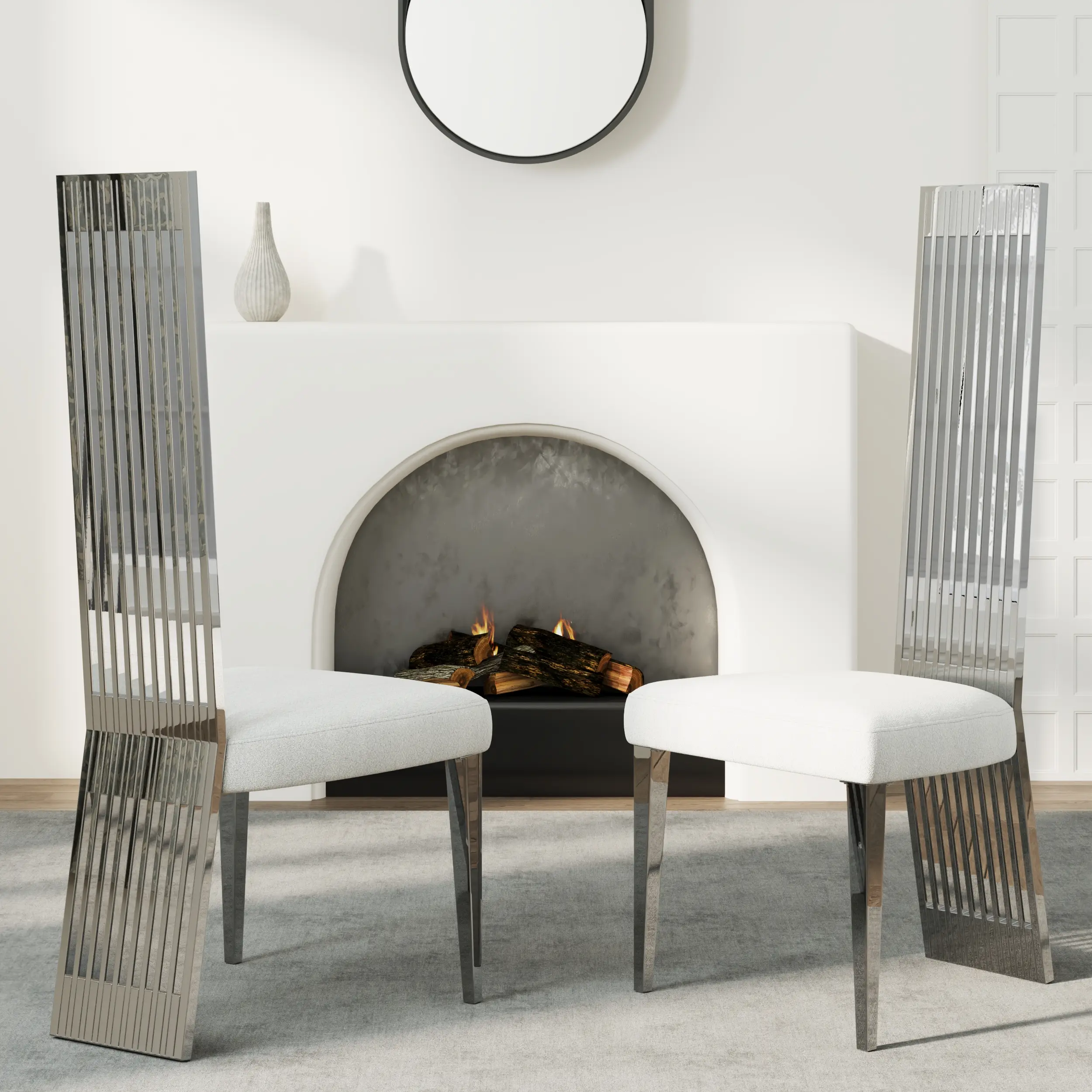 Modern Dining Chair Set of 2, White and Silver Fabric Upholstered Seat and Stainless Steel Frame, High Back Chairs for Dining Room and Kitchen