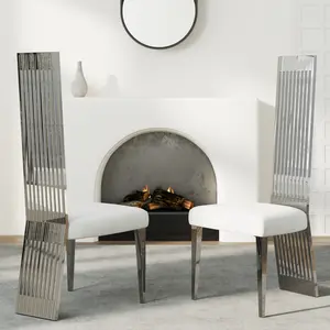 Modern Dining Chair Set of 2, White and Silver Fabric Upholstered Seat and Stainless Steel Frame, High Back Chairs for Dining Room and Kitchen