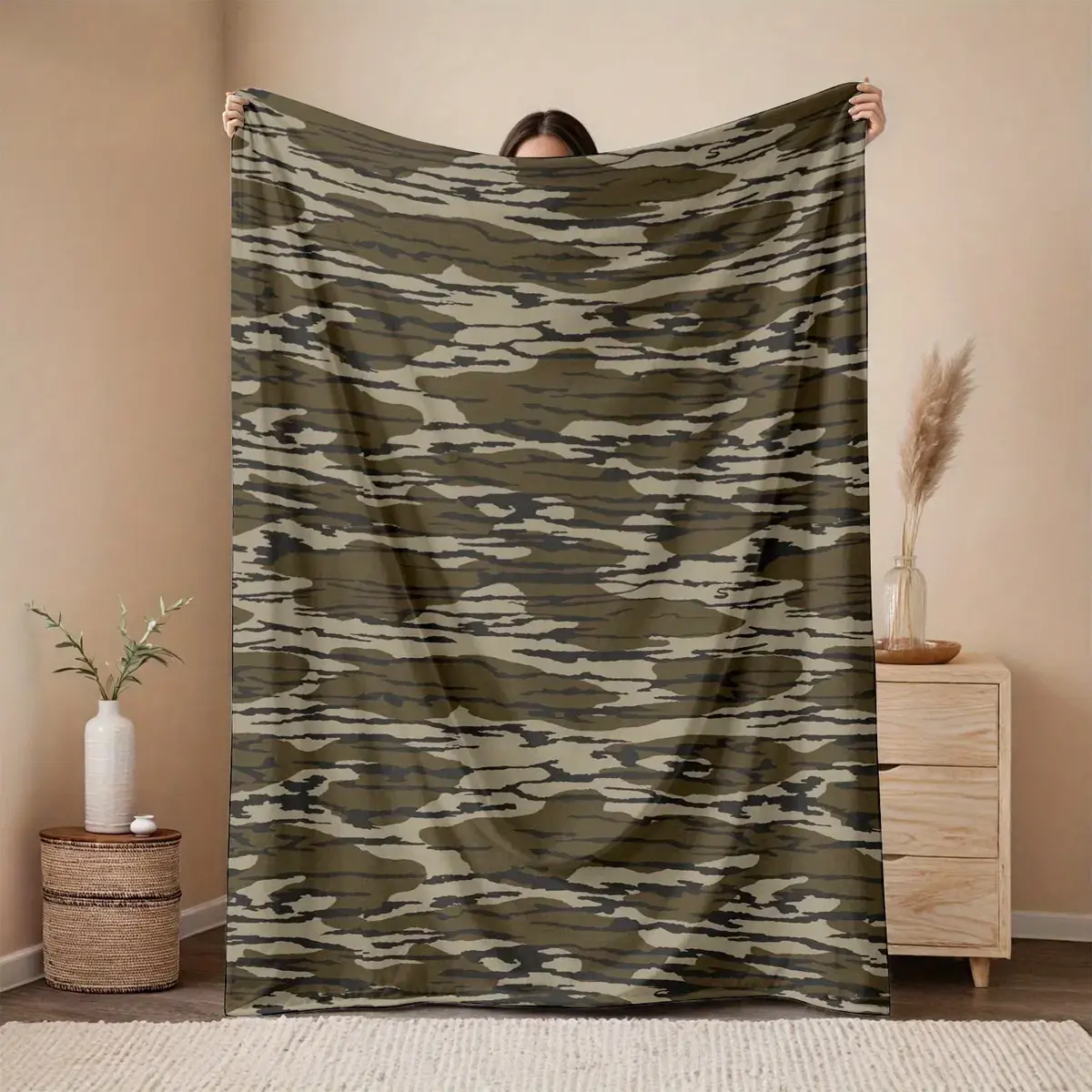 1pc Cozy Flannel Throw Blanket - 280gsm Soft Warm Fabric, Retro Vintage Natural Tone Brown Wood Camouflage Print, Wrinkle-Resistant, Fade-Resistant, Bedding Linen, Living Room Sofa Accessory