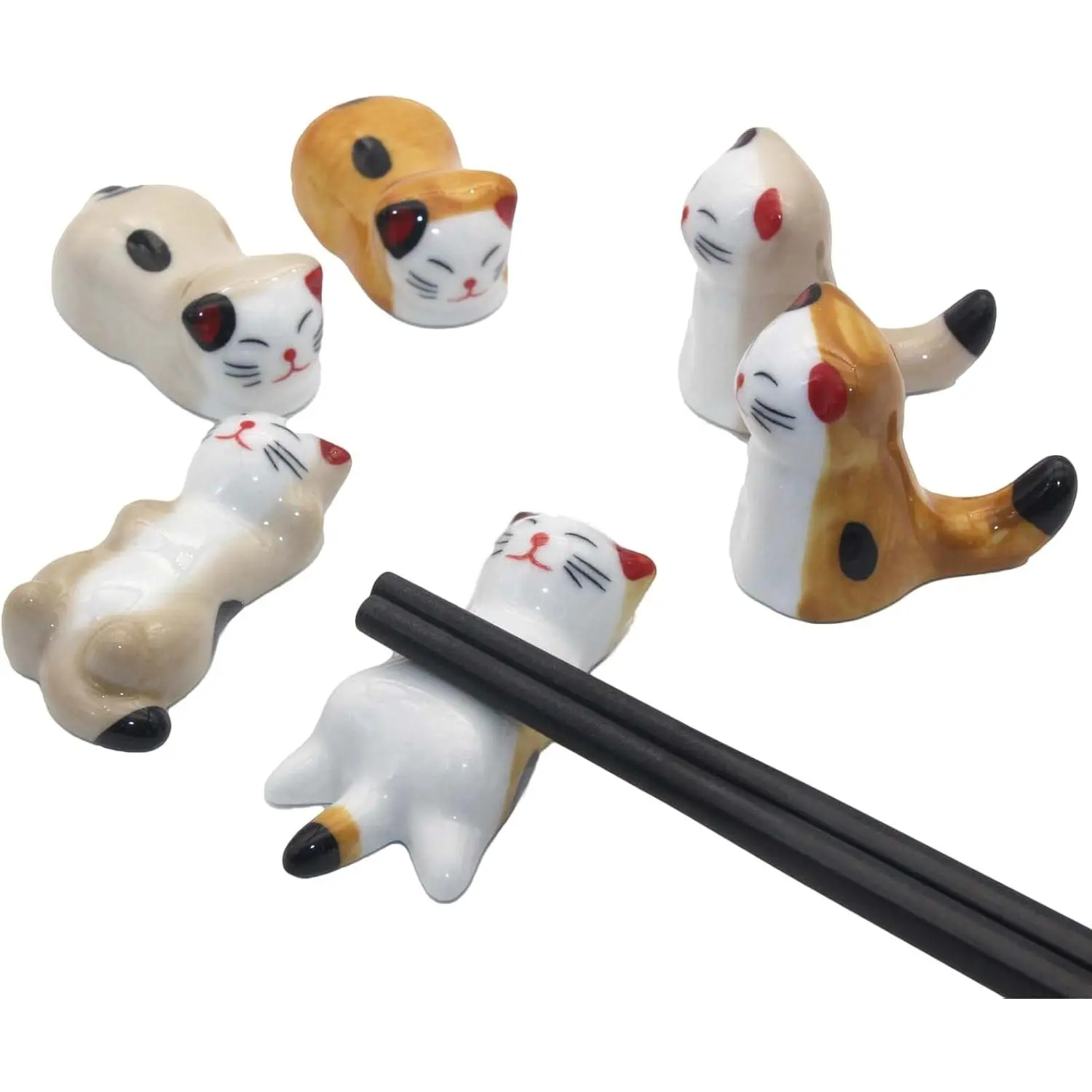 Cute Cat Ceramic Chopsticks Rest Set (6-Pack) - Tableware Holder for Chopsticks, Spoons, Knives, Forks - Ideal for Home Kitchen Dinners