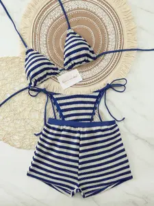 2026 New Fashionable Sexy Women 3-Piece Bikini Set With Loose Casual Swim Shorts, Colorblock Striped Textured Fabric, Suitable For Spring/Summer Daily Casual, Swimming Pool Party, Date, Beachwear Vacation