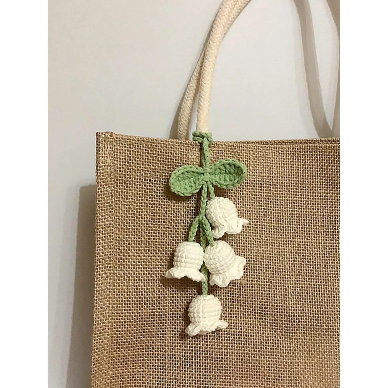 1Pcs Handmade Acrylic Crochet Lily of the Valley Flower Charm Woven Floral Pendant Accessory for Bag Purse Backpack or Keychain
