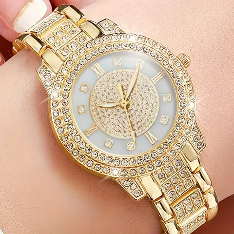 Women's Elegant Fashion Round Dial Quartz Rhinestone Decorated Watch, Fashion Watch Set for Party, Daily Decor, Trendy All-match & Exquisite Watch Set for Gift, Rhinestone Wrist Watch, Rhinestone Watches