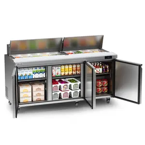 Coolake 72.7'' W 3 Door Commercial Refrigerator Sandwich Salad Prep Table, Stainless Steel 22 Cu.ft Counter Fan Cooling Refrigerator with 18 GN 1/6 Pans