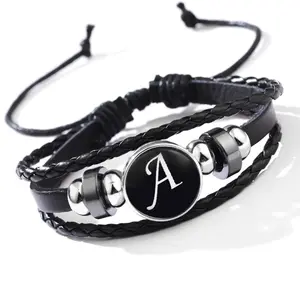 Men'S Initial Bracelet - Name/Initials, Genuine Leather & Black Gallstone Beads, Elegant Cursive Lettering, Durable Everyday Jewelry Gift for Men, Birthday/Anniversary Present, 26 English Letters (A-Z), Men Bracelet For Men, Men Bracelet Letter