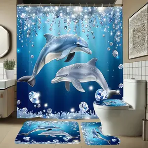 Dolphin Pattern Bathroom Accessories Set, Includes Shower Curtain, U-Shaped Toilet Pad, Lid Cover, Long Rectangle Mat, Elegant Bath Decor, Shower Curtain Sets