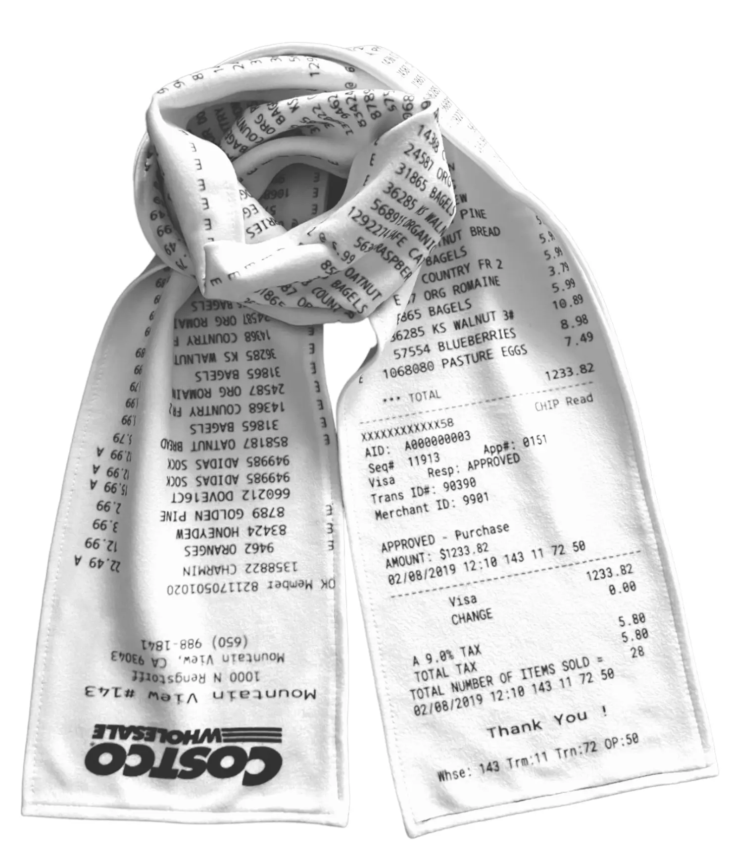 Costco Receipt Scarf – Funny Gag Gift for Costco Lovers, Double-Sided Novelty Receipt Print, Extra-Long Soft Fleece, White Elephant & Secret Santa Gift