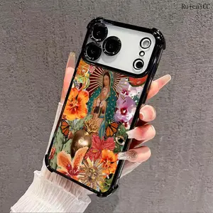 Retro Sun Virgin Mary Collage Pattern TPU Phone Case for iPhone 17 Air 16Pro Max 15 14Plus 13 12 11 Shockproof Anti-Drop Durable Aesthetic Cellphone Casing