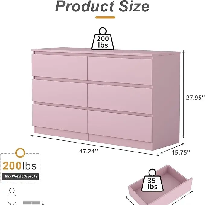Pink-6 Drawers(15.8"D x 47.2"W x 28"H)